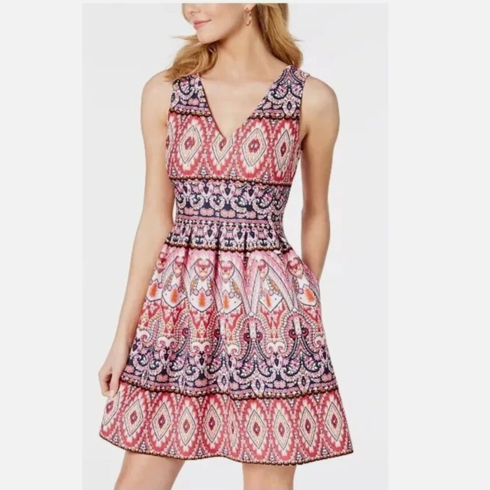 Vince Camuto mini dress pink and navy Geo-Print patterned sleeveless size 8